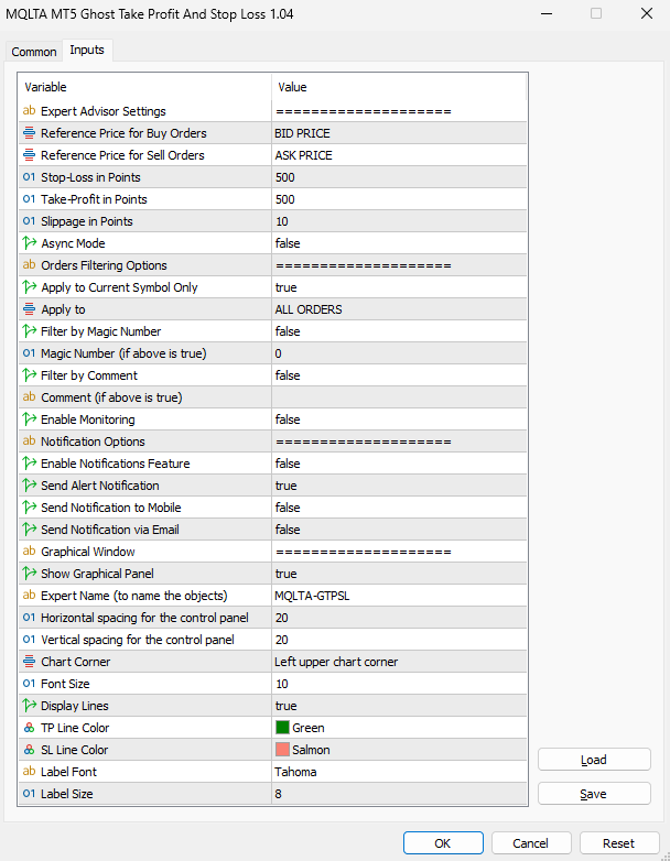 Ghost SL & TP EA - Input Parameters in MT5