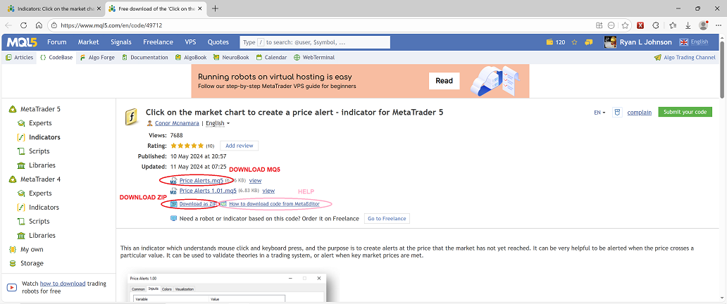 Click on the market chart to create a price alert - indicator for MetaTrader 5