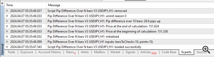 Calculate pip difference over the last N bars - script for MetaTrader 4