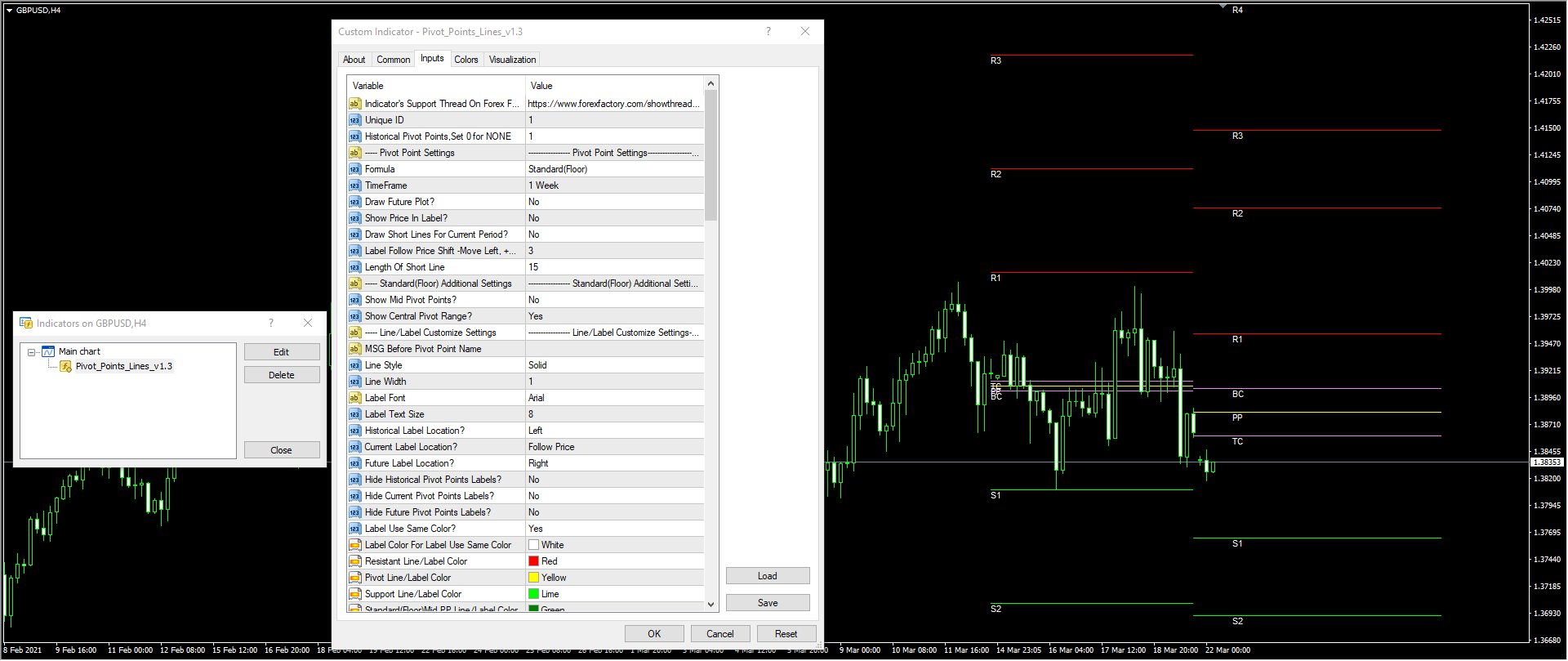 Pivot_Points_Lines_v1.3 MT5 - indicator for MetaTrader 5