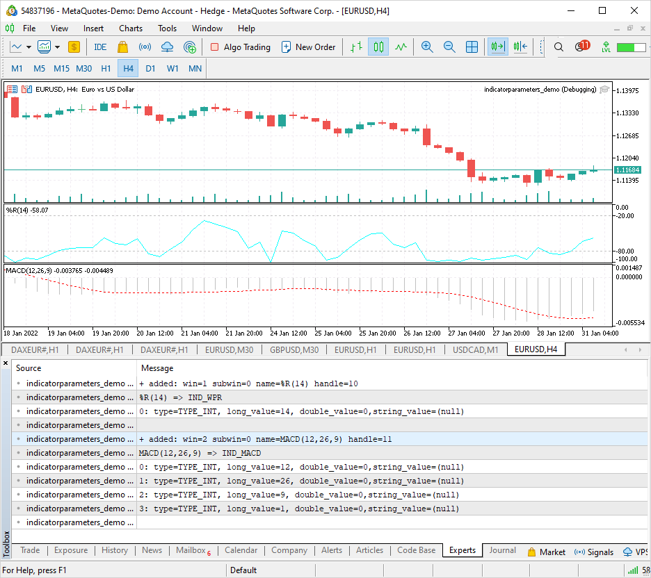 The Example of IndicatorParameters() usage - expert for MetaTrader 5