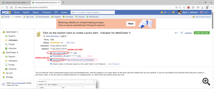 Click on the market chart to create a price alert - indicator for MetaTrader 5