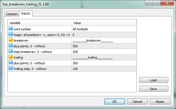 Exp_breakeven_trailing_SL - expert for MetaTrader 5