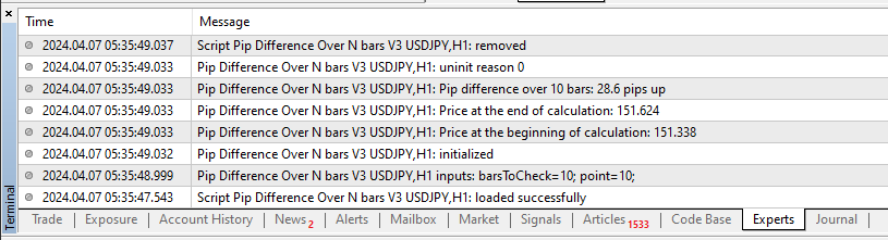Calculate pip difference over the last N bars - script for MetaTrader 4