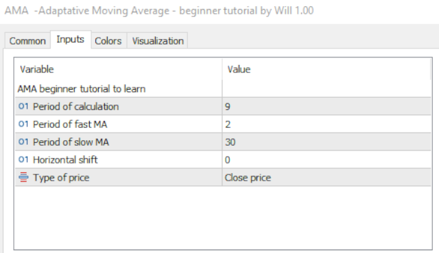 AMA - Adaptive Moving Average - code for beginners by William210 - indicator for MetaTrader 5