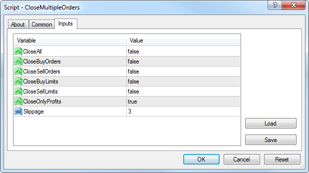 CloseMultipleOrders - script for MetaTrader 4