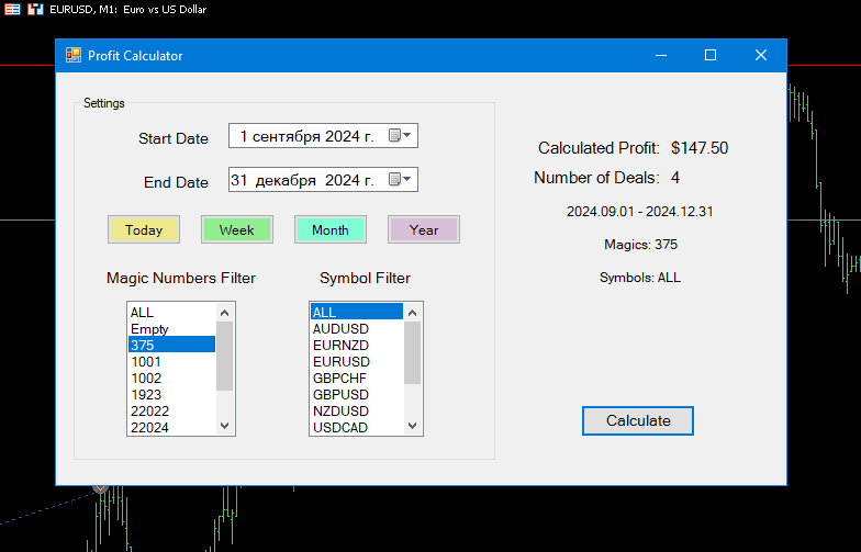 Panel for Calculating History Profit - script for MetaTrader 5