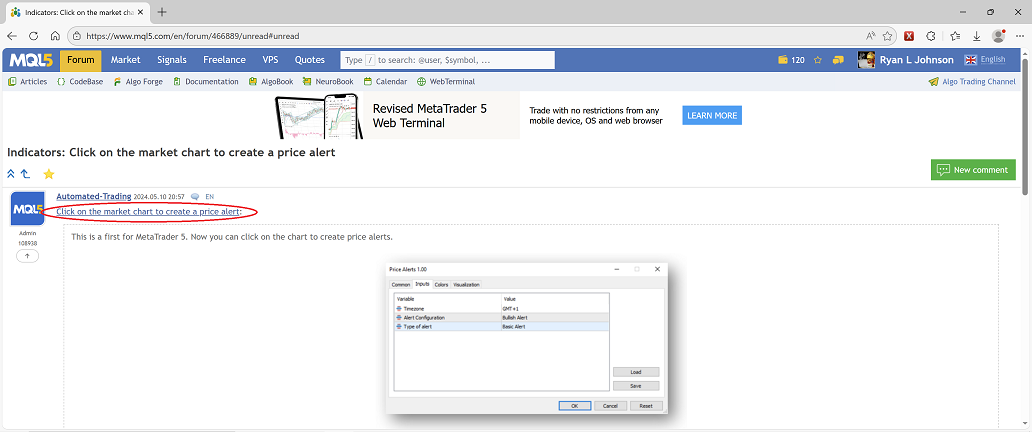 Click on the market chart to create a price alert - indicator for MetaTrader 5