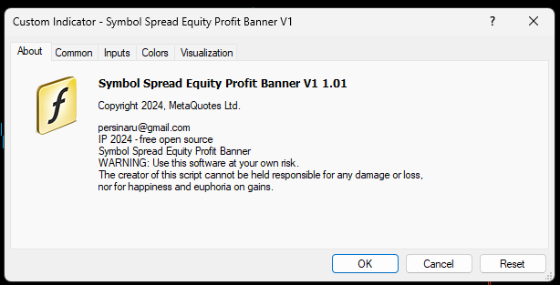 Symbol Spread Equity Profit Banner V1.mq4 - indicator for MetaTrader 4