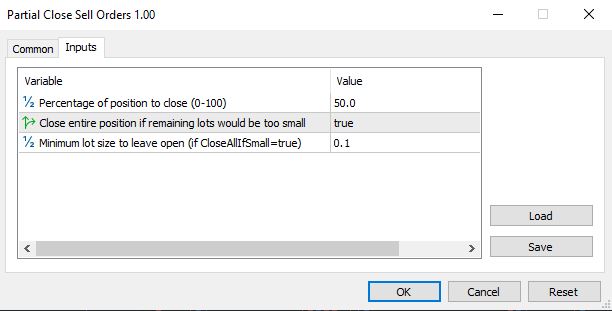 Partial close Sell Orders - script for MetaTrader 5