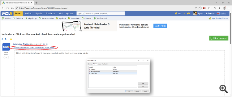 Click on the market chart to create a price alert - indicator for MetaTrader 5