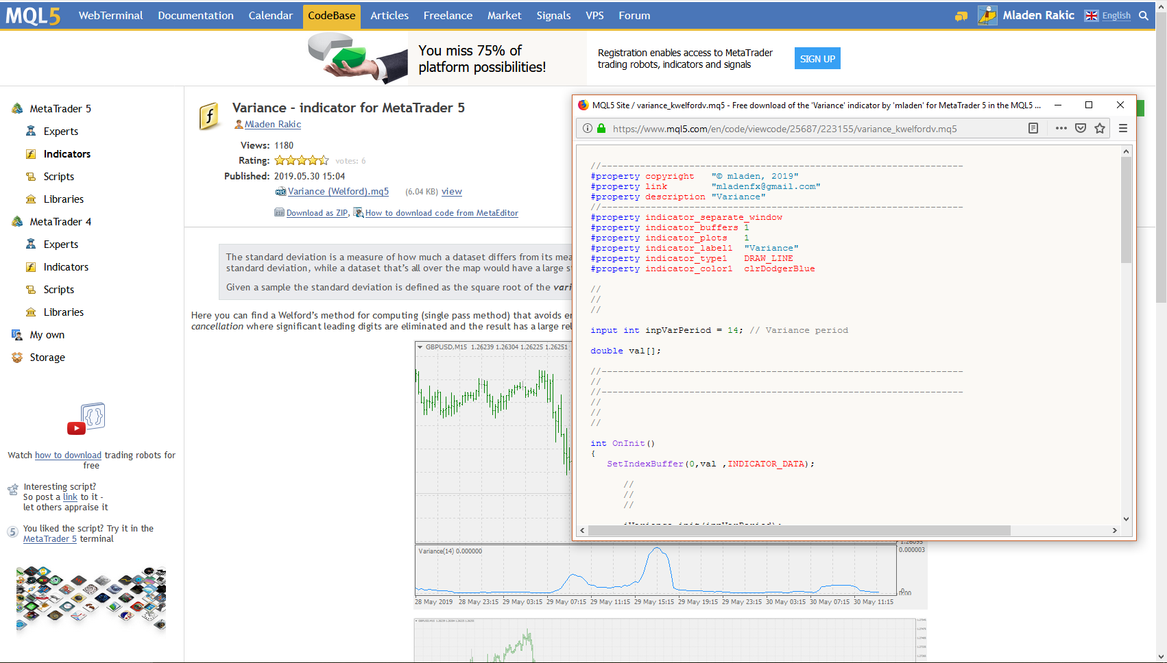 Variance - indicator for MetaTrader 5