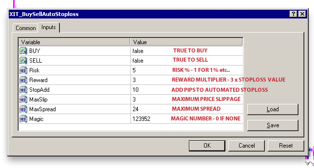 XIT_BuySellAutoStoploss.mq4 - Stoploss set from Fractal Levels, Money management Risk/Reward - script for MetaTrader 4