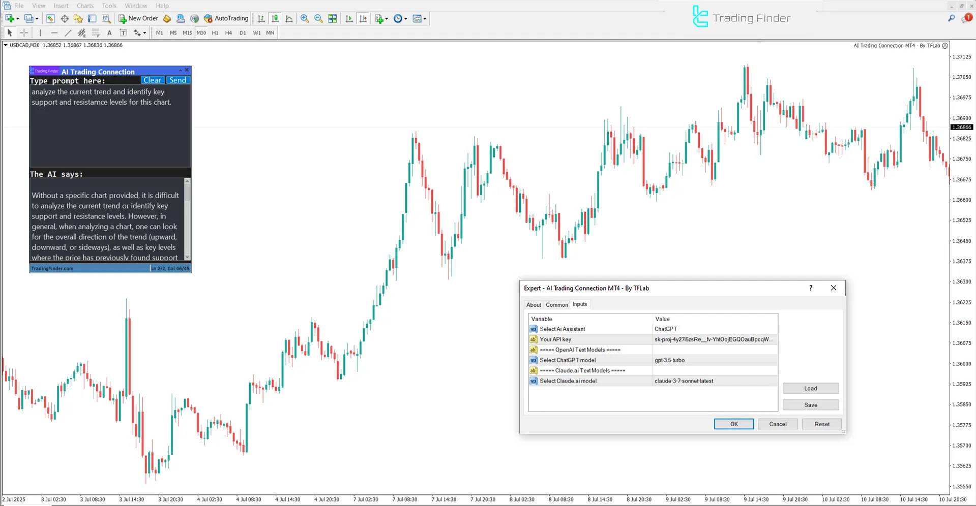 Internal settings of AI Trading Connection Expert Advisor