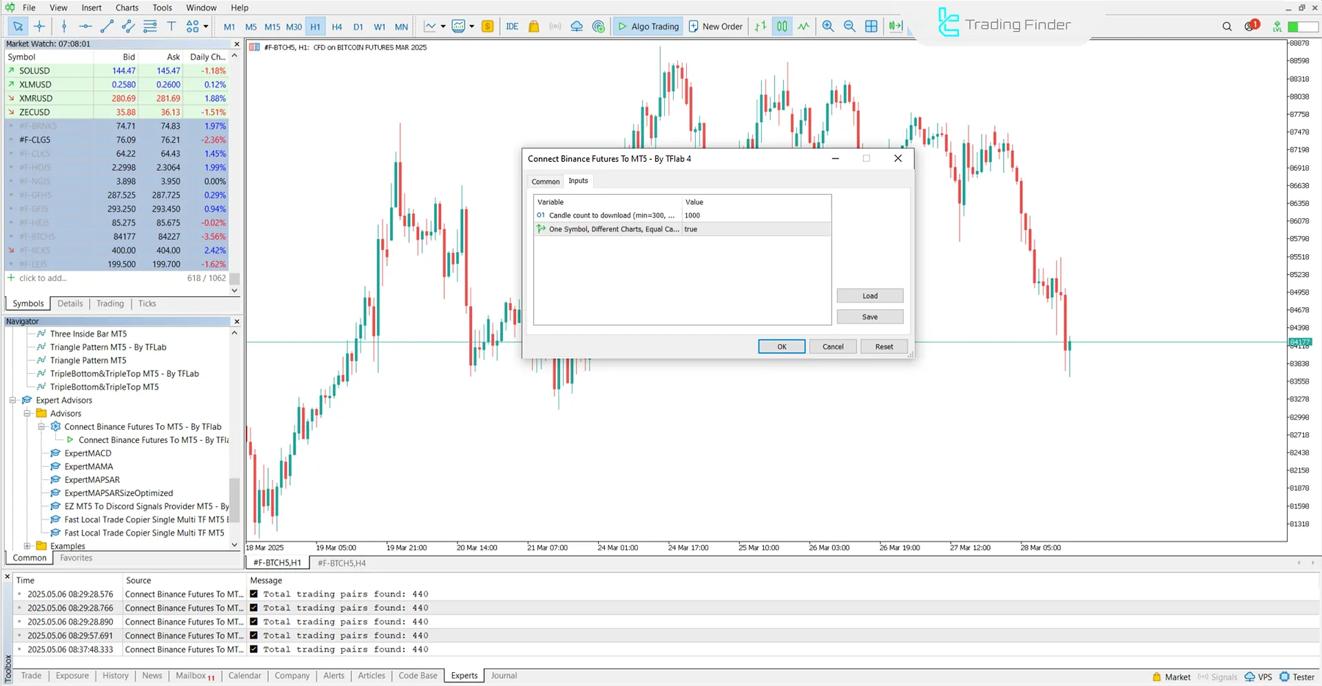 Settings for the Connect Binance Futures to MT5 Expert