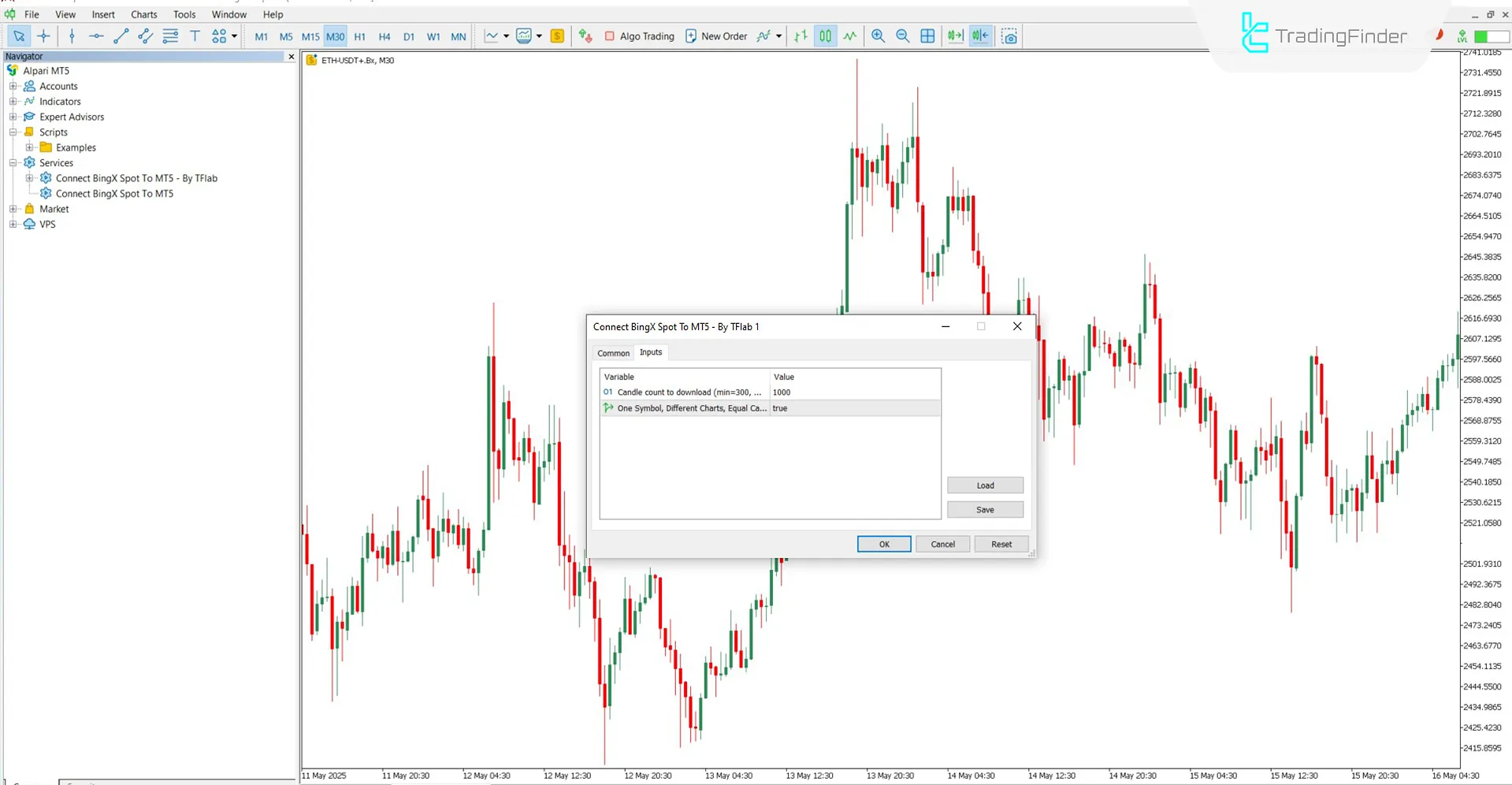 Settings panel for BingX Spot to MT5 Connect