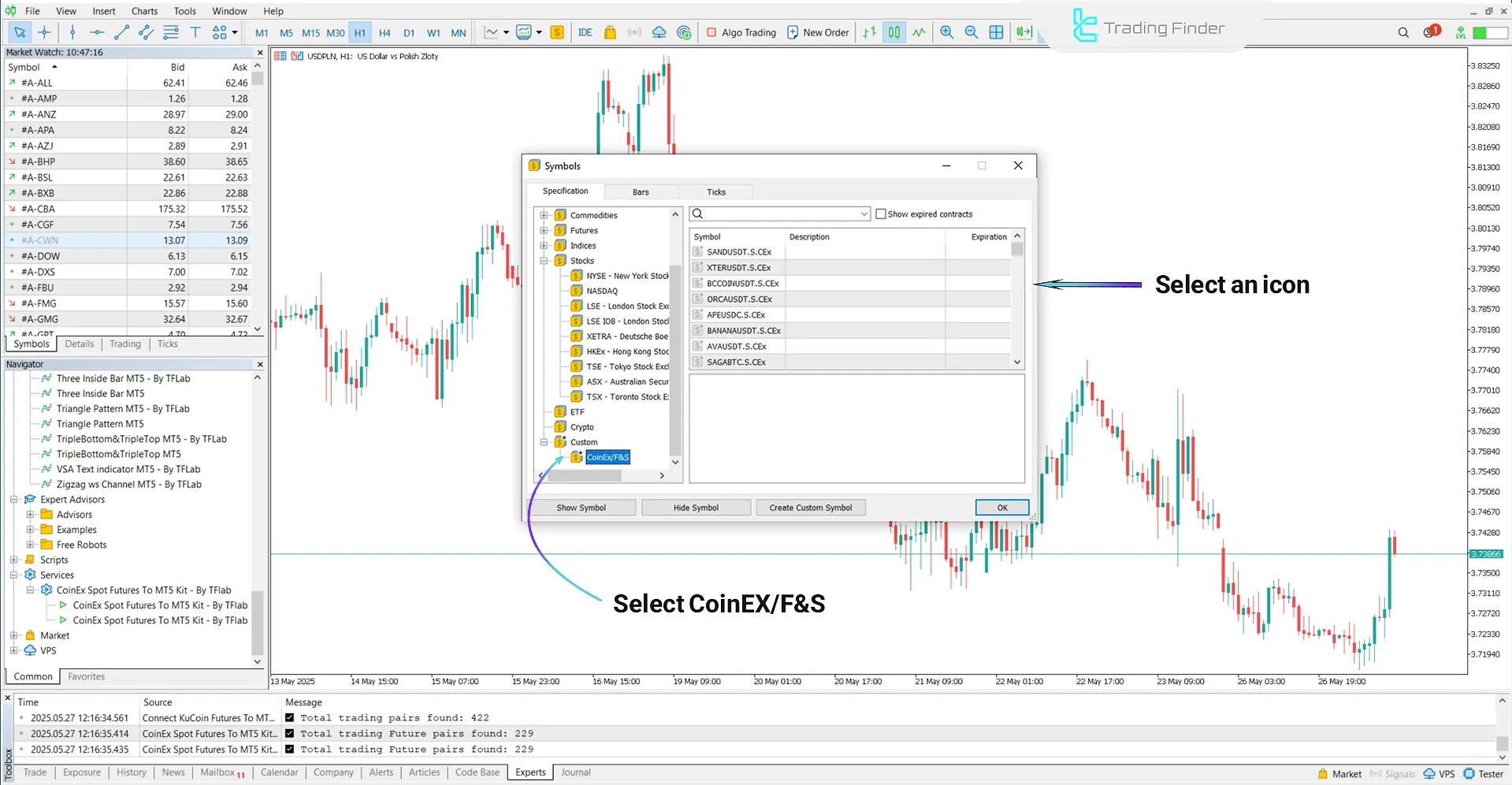Selecting symbol in Custom section for CoinEX Spot &amp; Futures to MT5