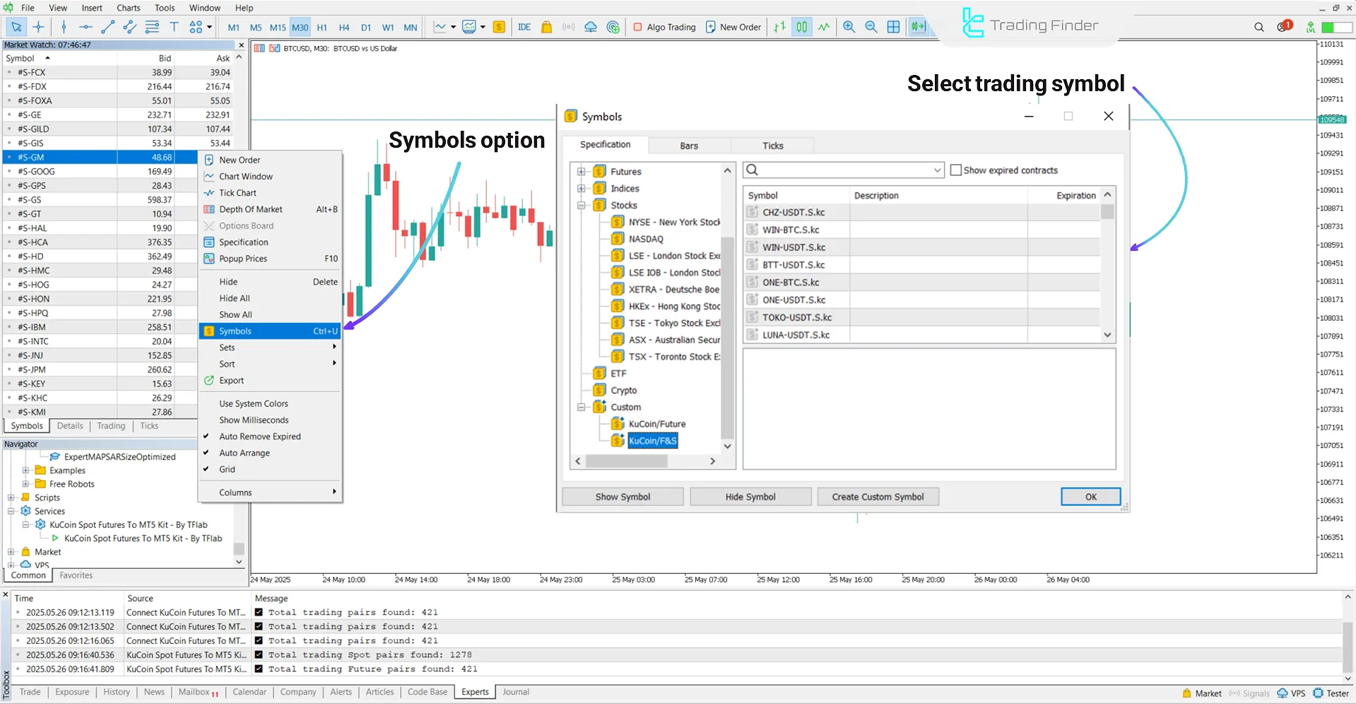 Selecting symbols in the Custom section for KuCoin Spot and Futures