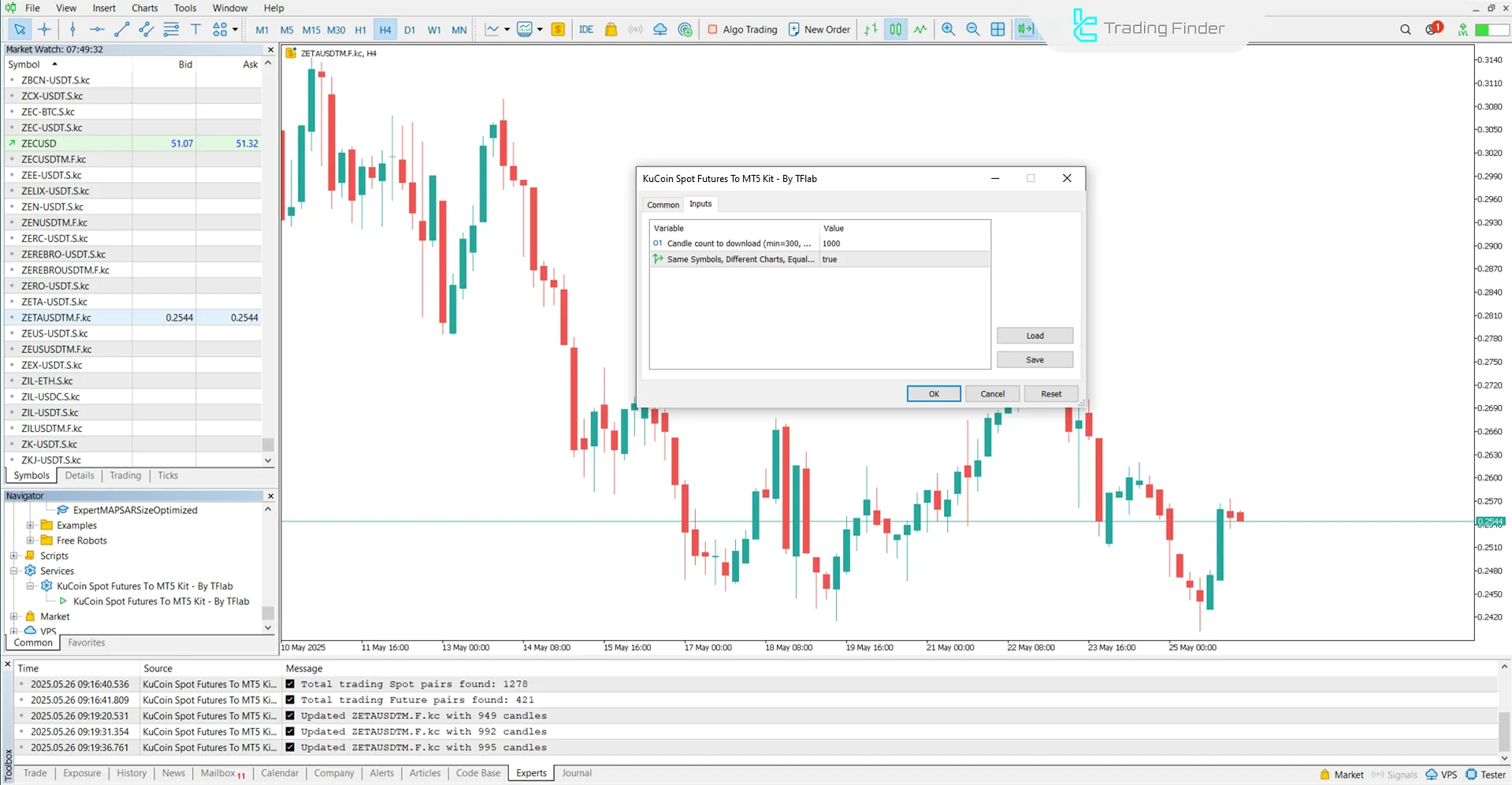 Settings panel of KuCoin Spot and Futures Connector in MT5