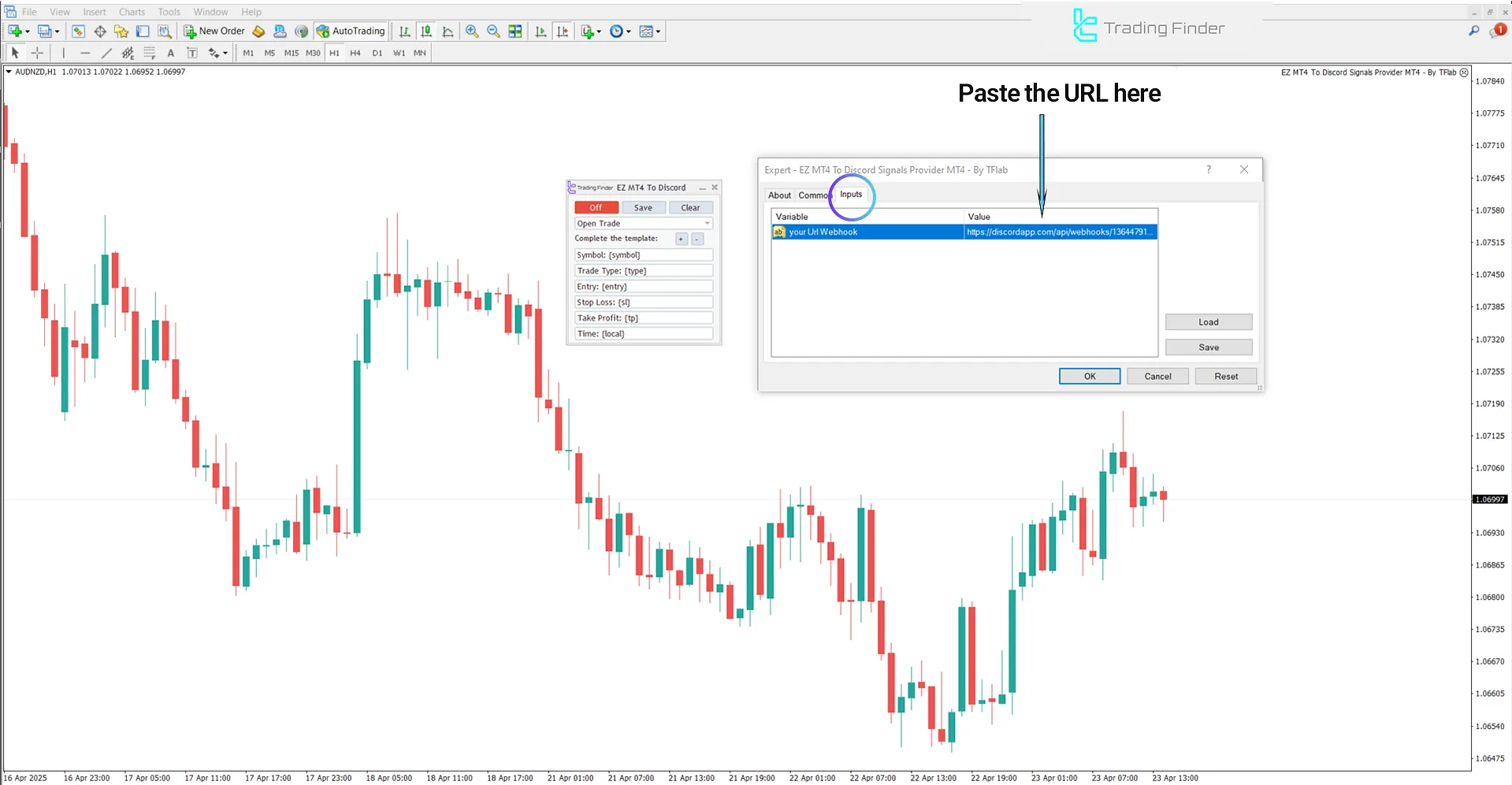 Pasting the URL in the Input section of the Discord Signal Sender EA