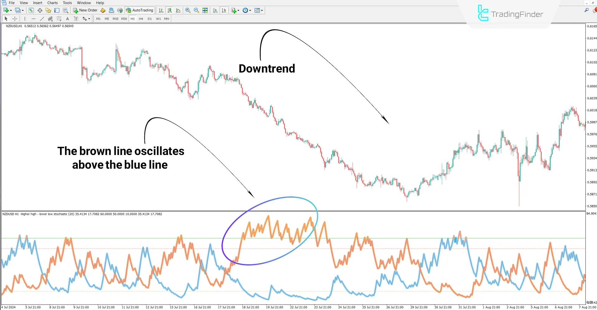 Functionality of the HH & LL Stochastic Indicator in a Downtrend