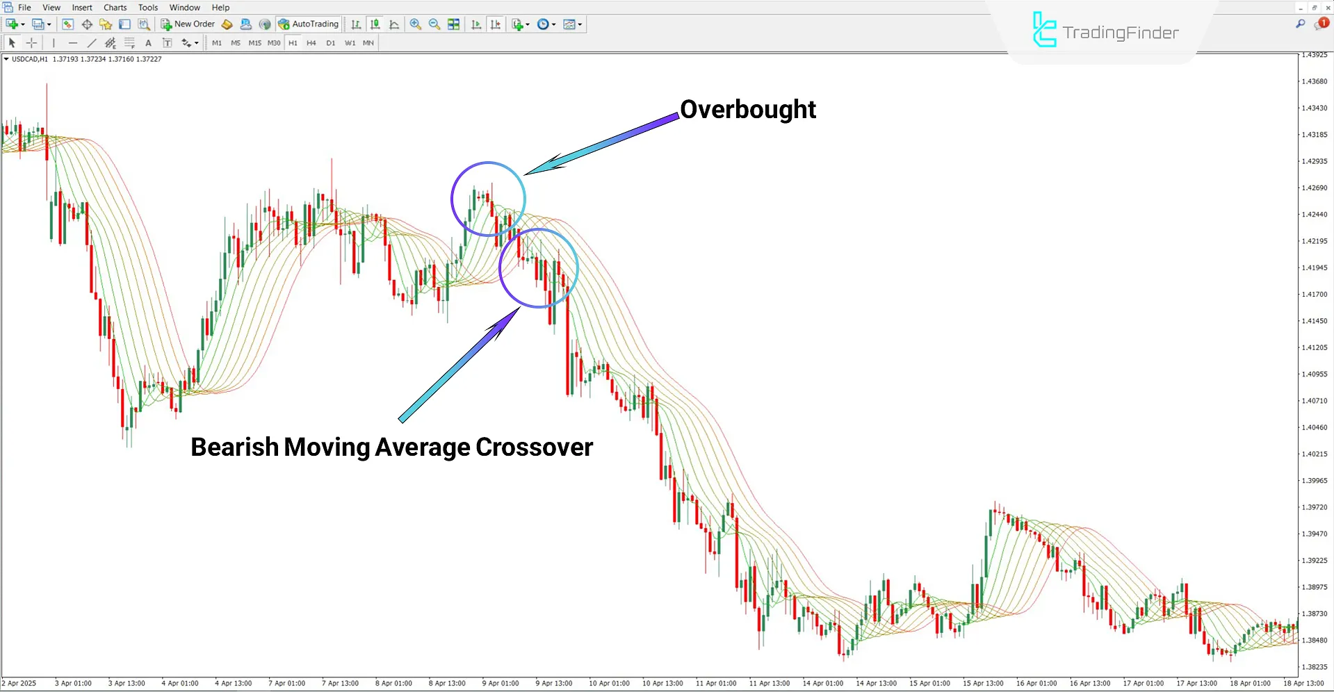 Rainbow MA Indicator in a downtrend