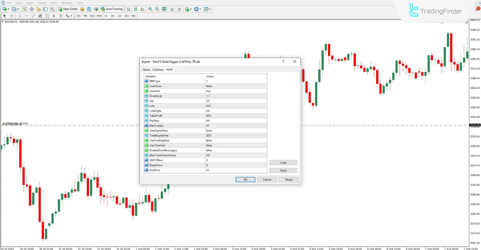 Settings section of the MorFX Gold Digger A trading robot