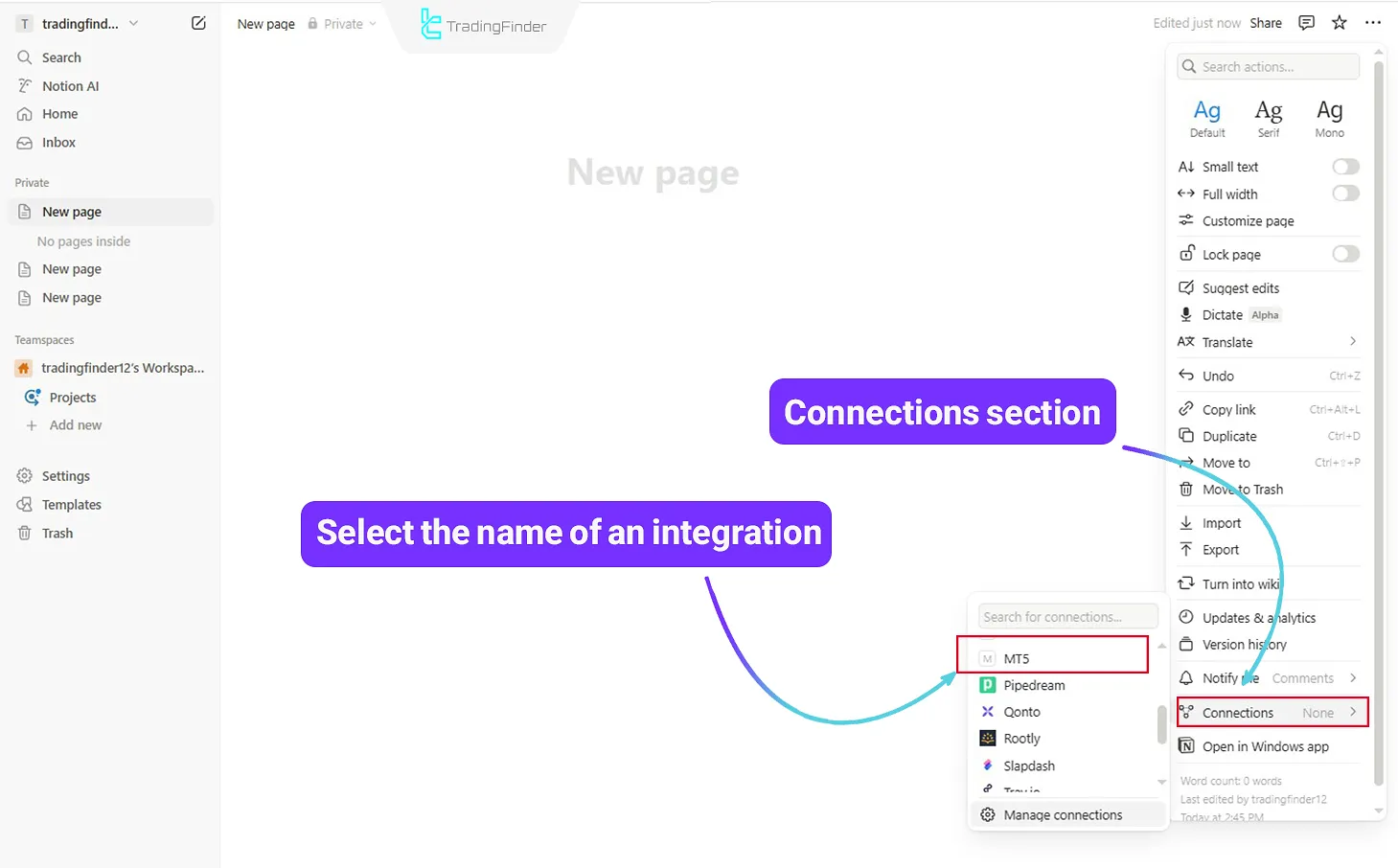 Selecting the Integrations name