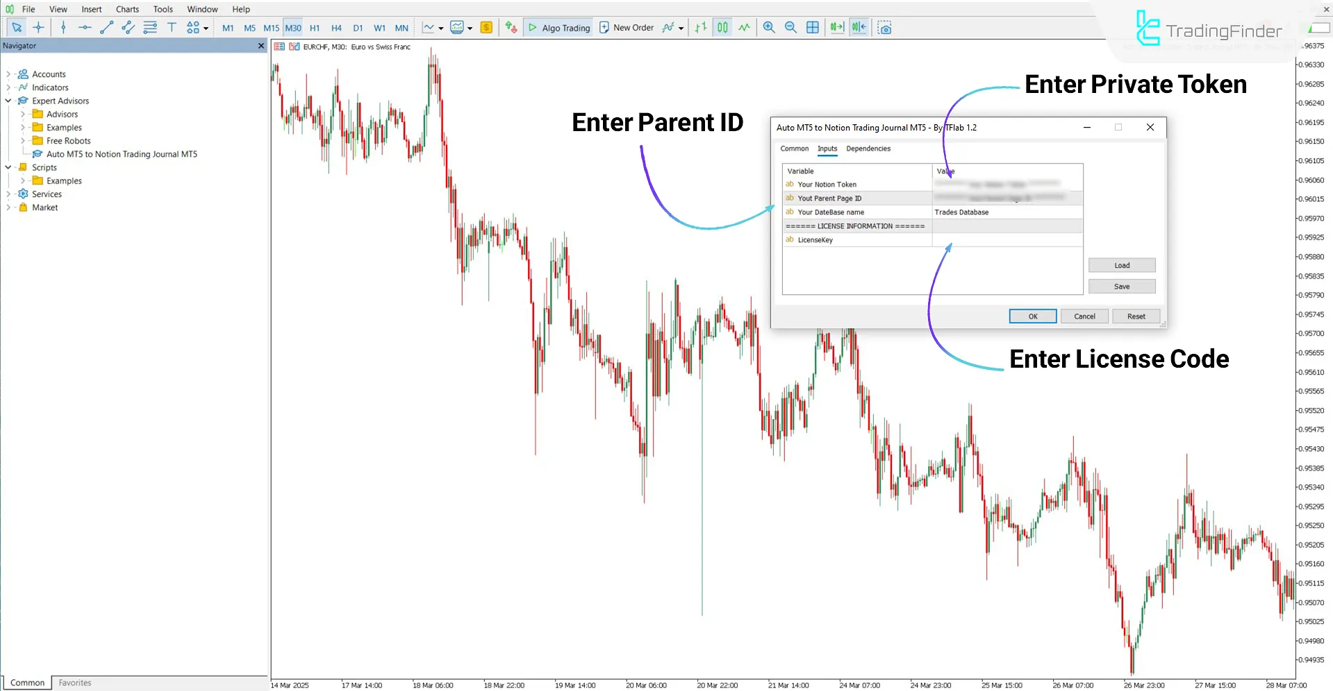 Applying the MT5 Trading Journal Logging Expert for Notion to the chart