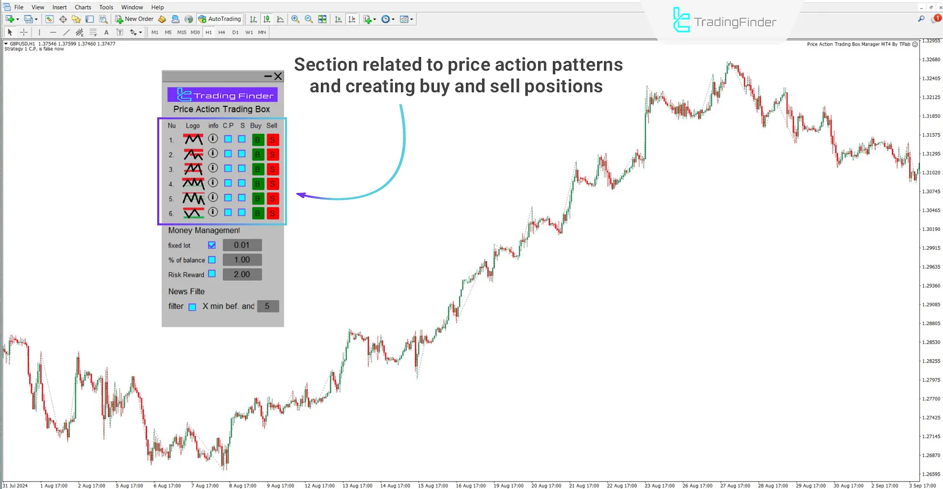 Management panel of the Price Action Trading Box Manage Expert