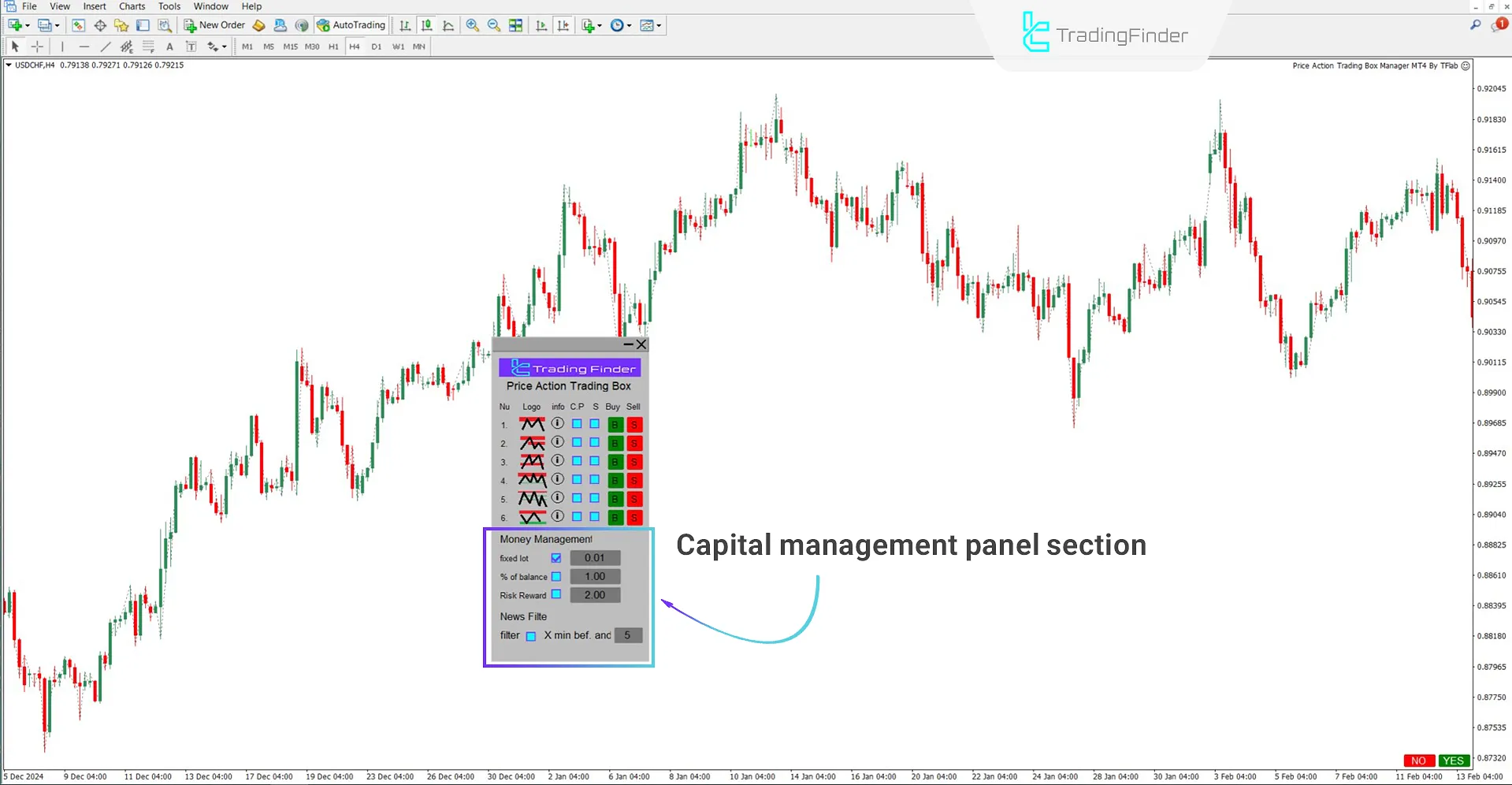 Second section of the Price Action Trading Box Manage Expert panel