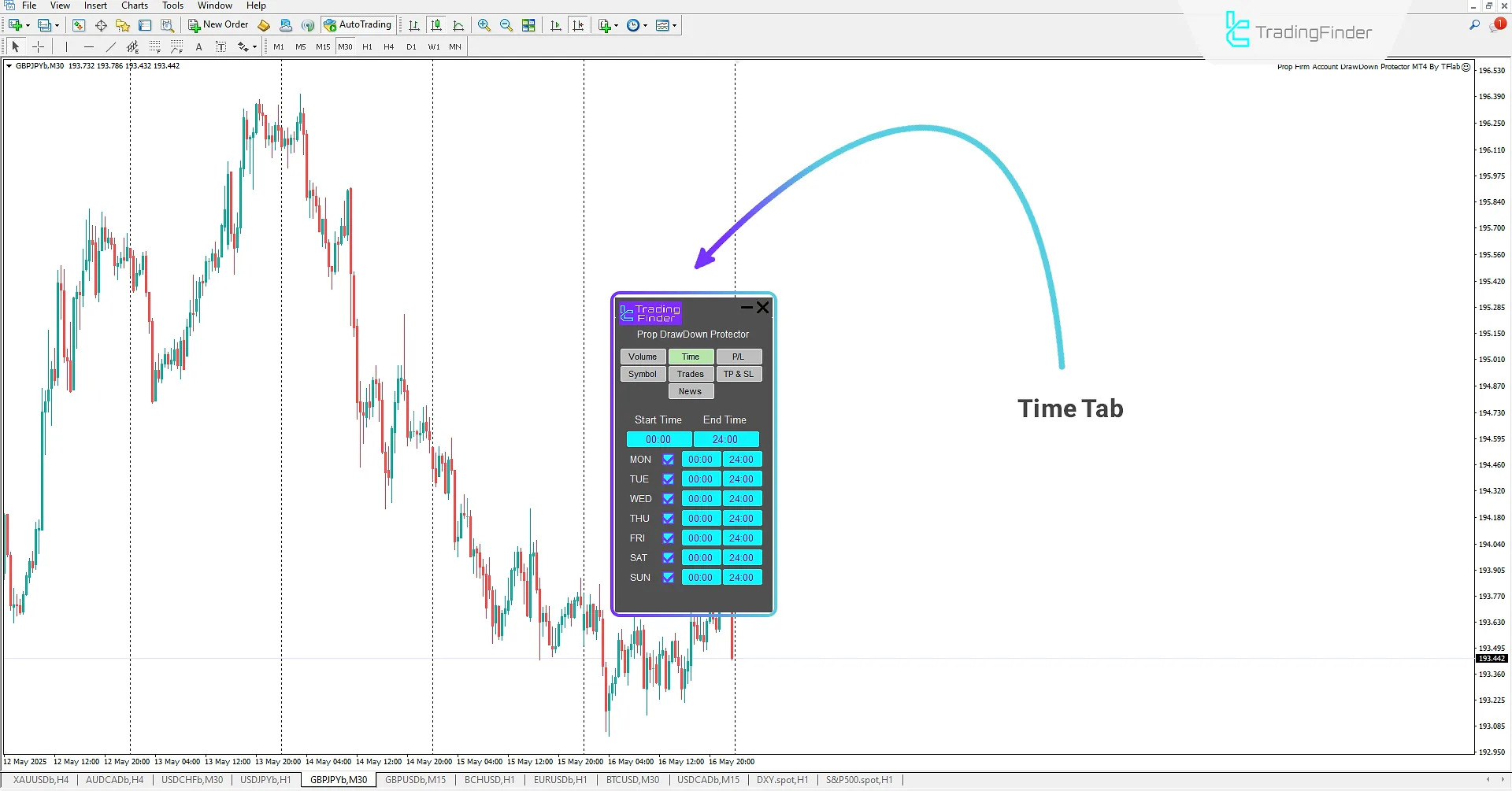 : Time Tab in Prop Draw Down Protector Expert Advisor
