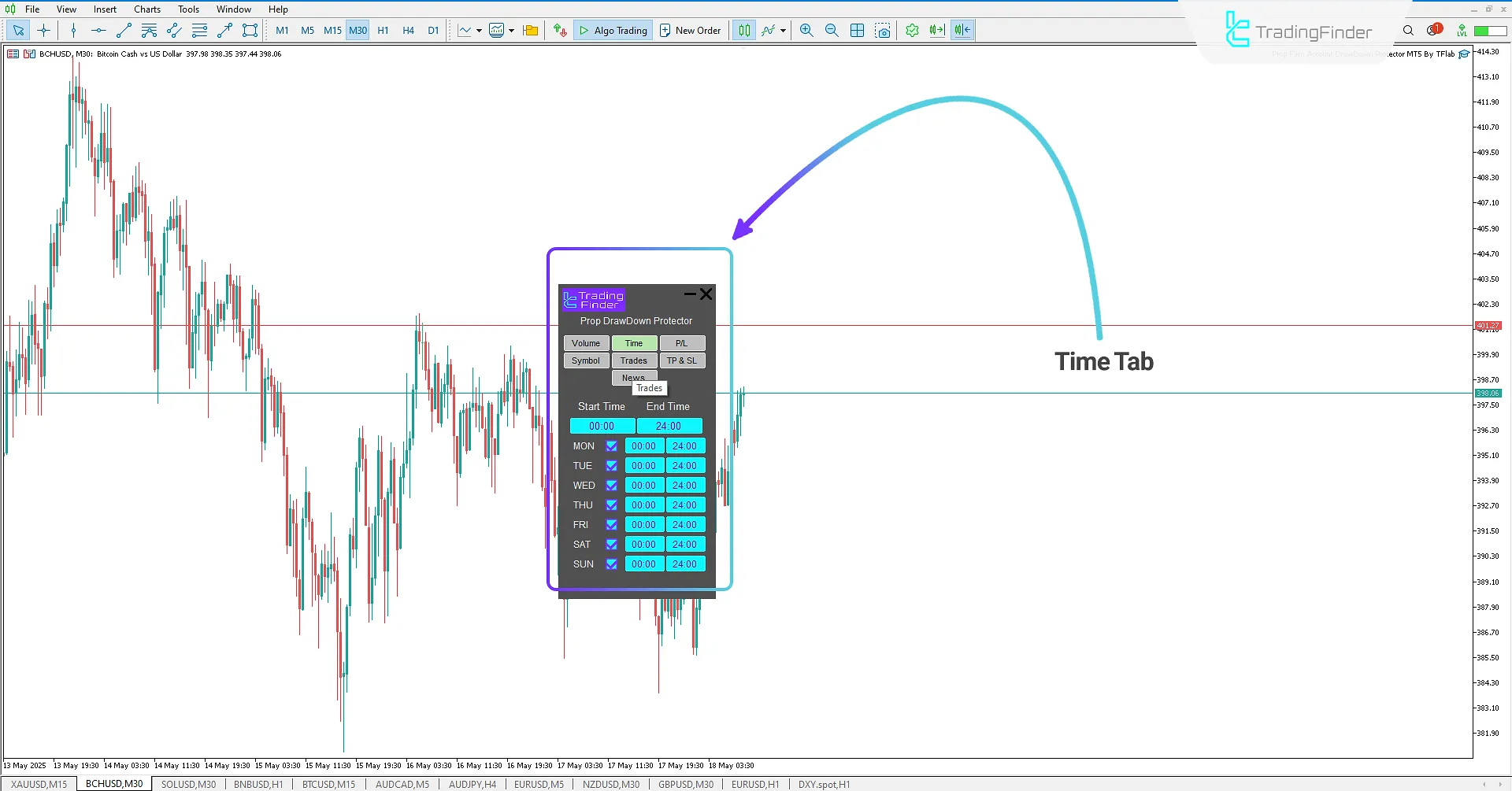 Time Tab in Prop Draw Down Protector Expert