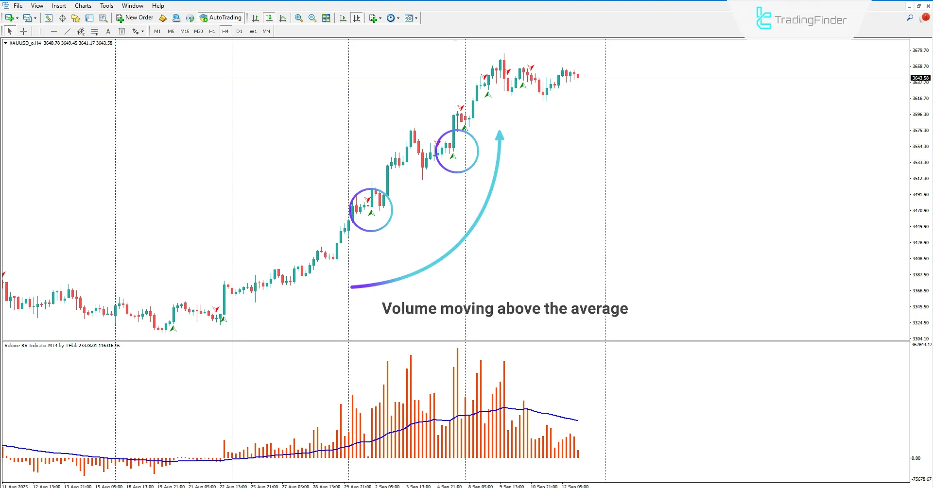 Buy signal in the RV Volume Indicator