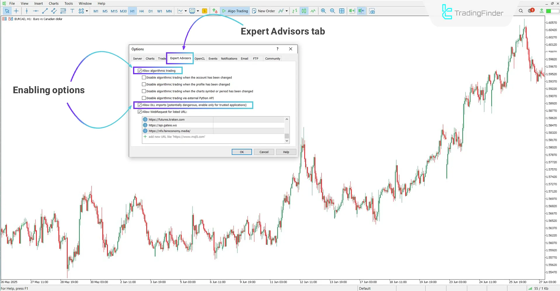 Enabling "DLL" and "Allow automated trading."
