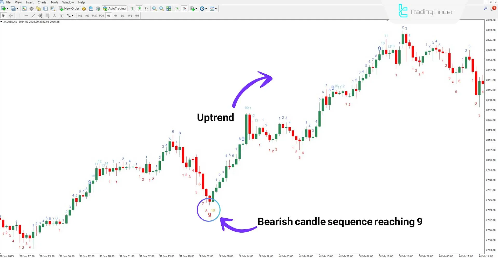 TD Sequential Indicator in an Uptrend Chart
