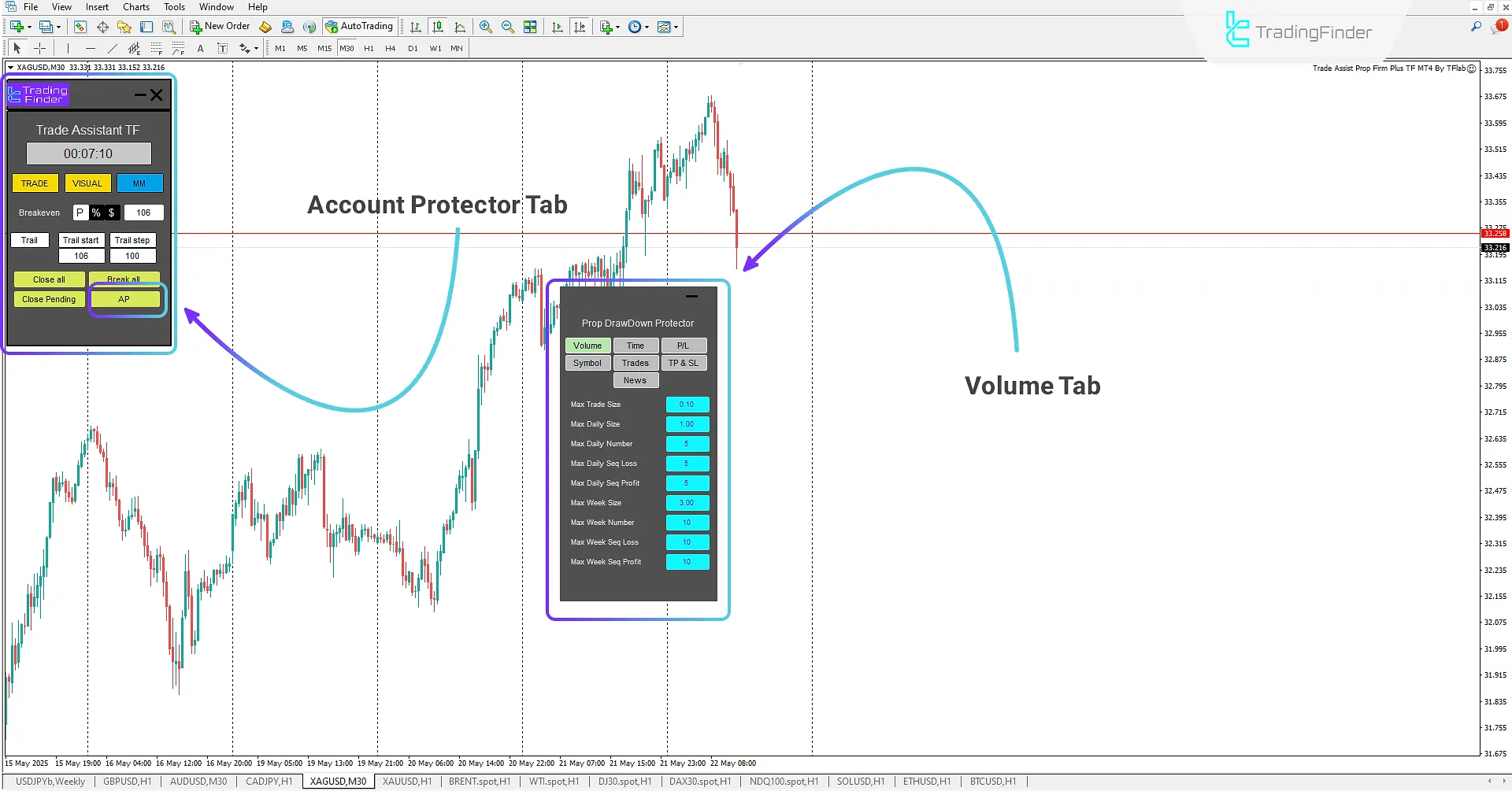 Volume tab in the Trade Assist Prop Firm Plus TF Expert