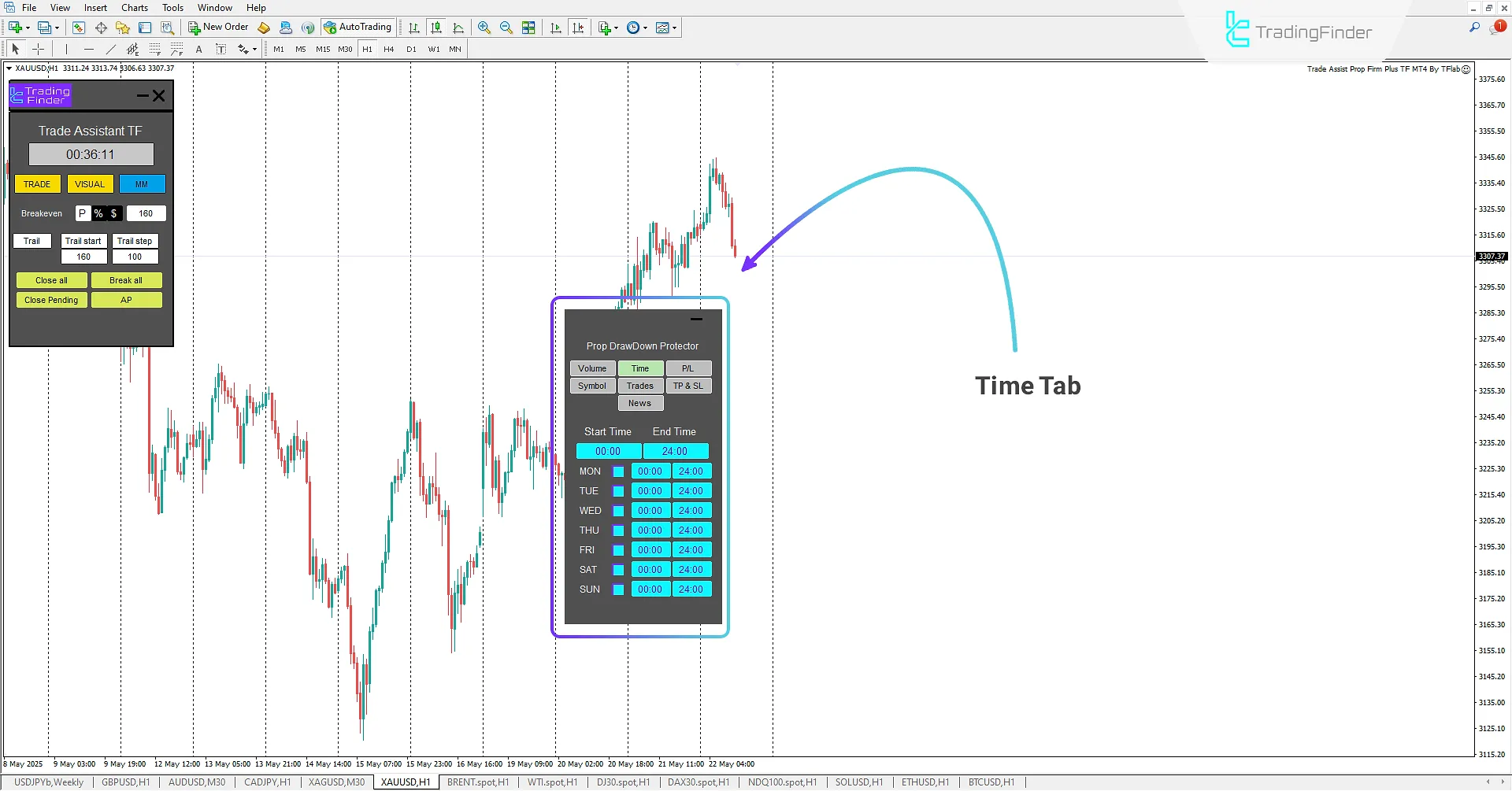 Time tab in the Trade Assist Prop Firm Plus TF Expert