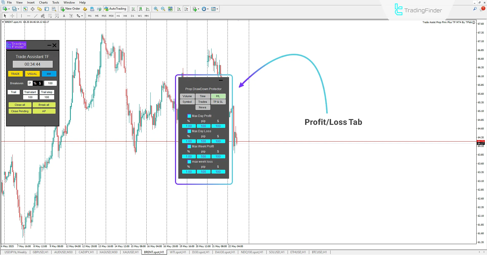 Profit/Loss (P/L) tab in the Trade Assist Prop Firm Plus TF Expert