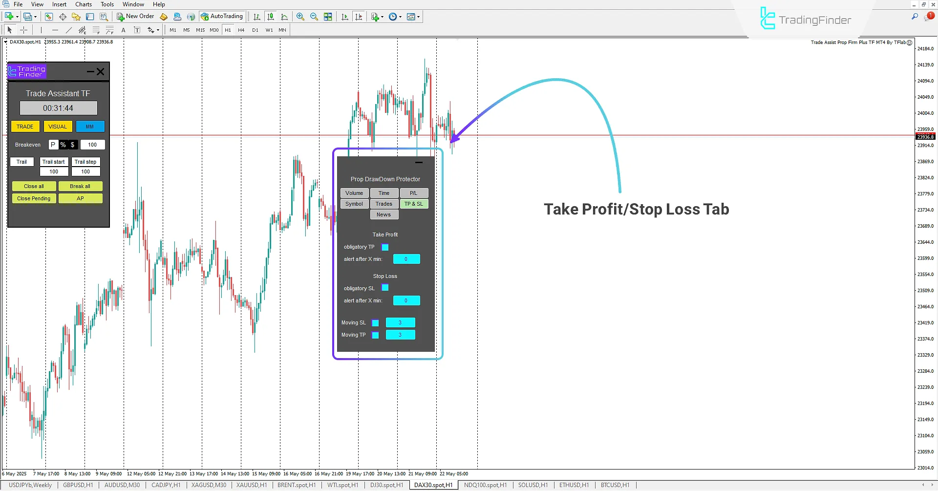 Take Profit / Stop Loss (TP & SL) tab in the Trade Assist Prop Firm Plus TF Expert