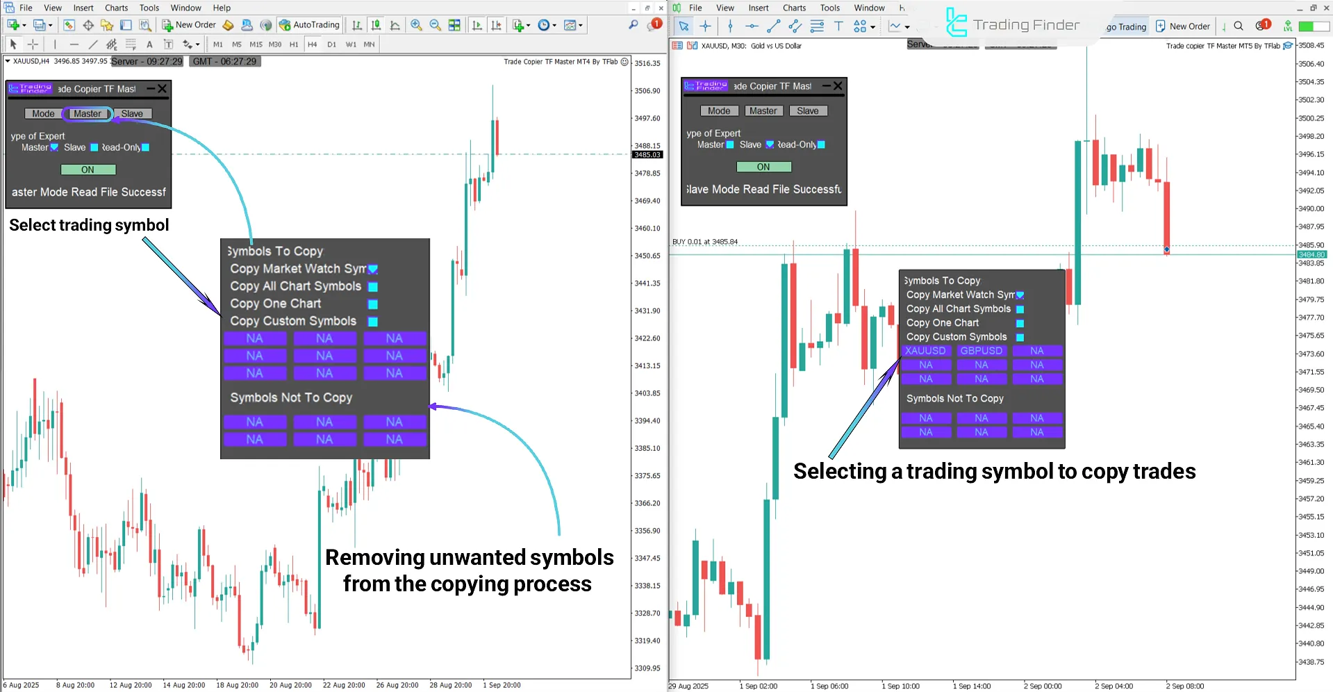 Selecting trading symbols in the Trade Copier TF Master Expert Advisor