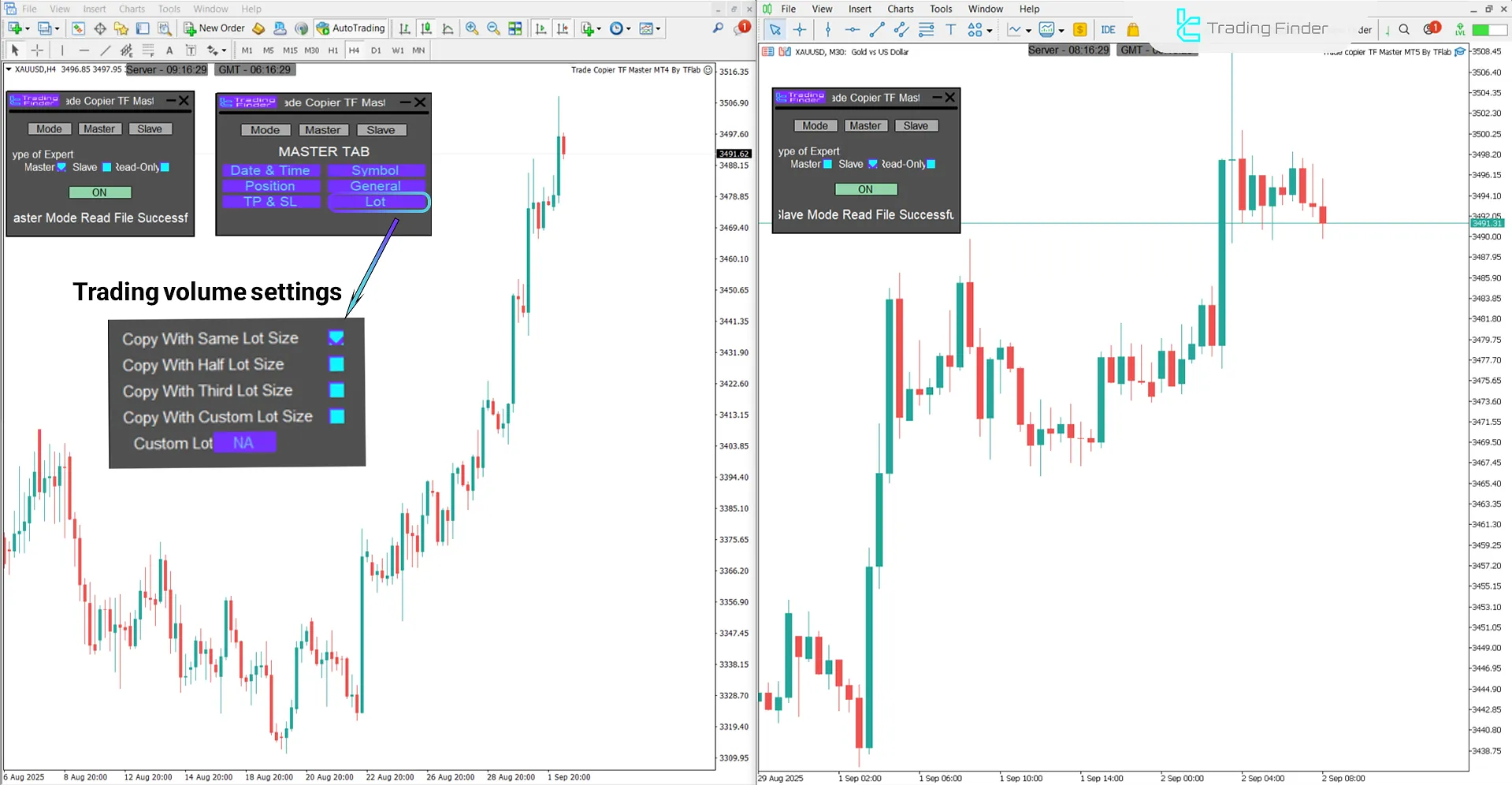Selecting trade volume in the Trade Copier TF Master Expert Advisor
