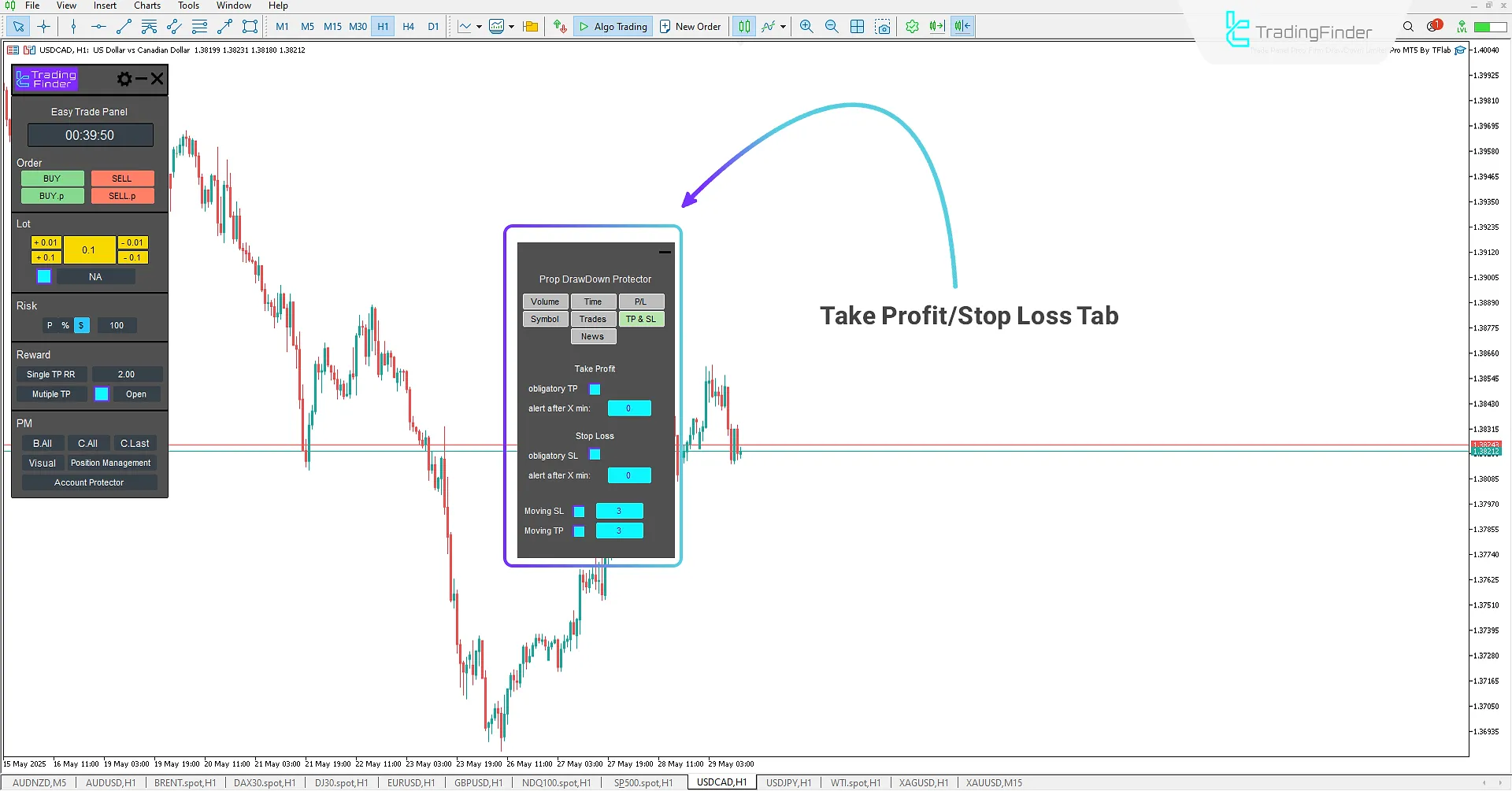 Tab for Setting Take Profit and Stop Loss Levels (TP &amp; SL)