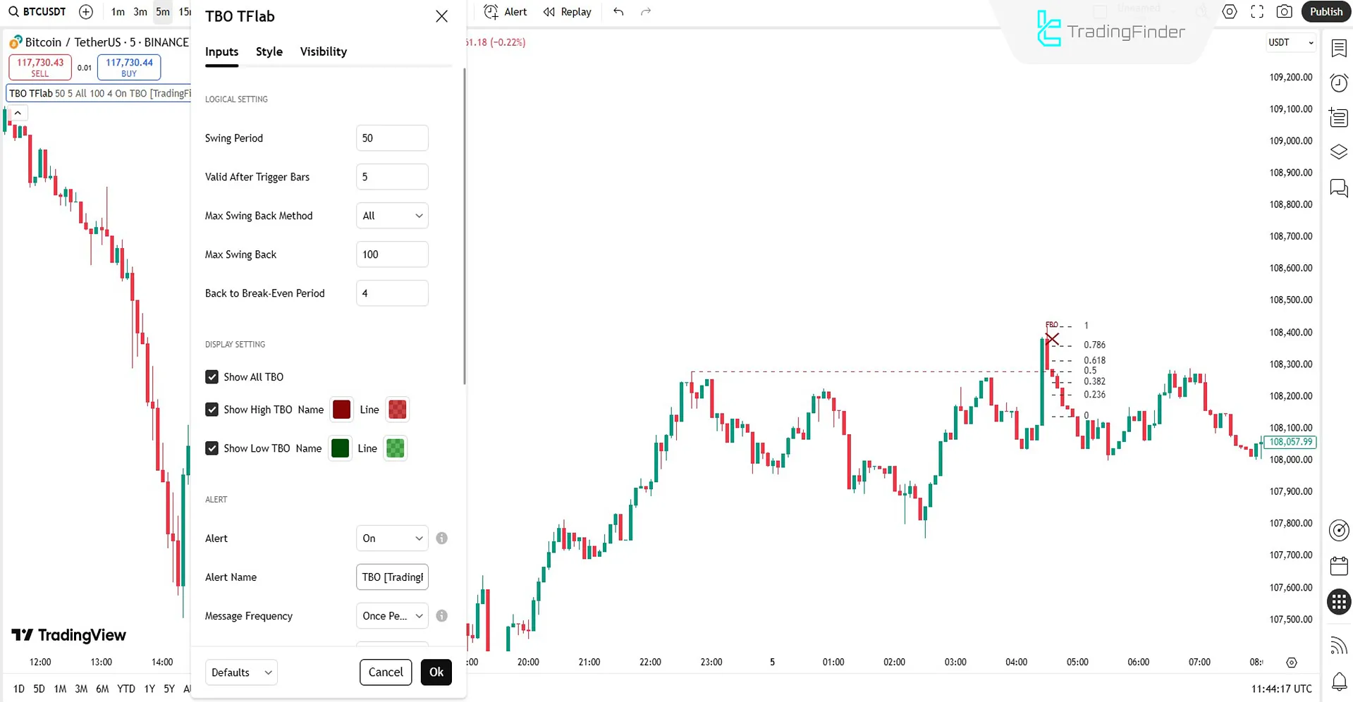 Settings section of the True Breakout Pattern indicator